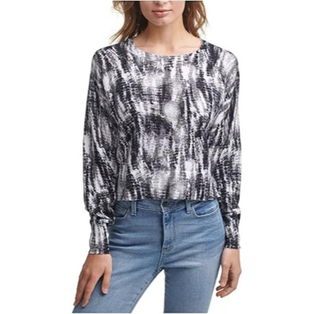 DKNY Jeans Crop Top Sweater Ribbed Slitted Printed Long Sleeve Gray Size XL